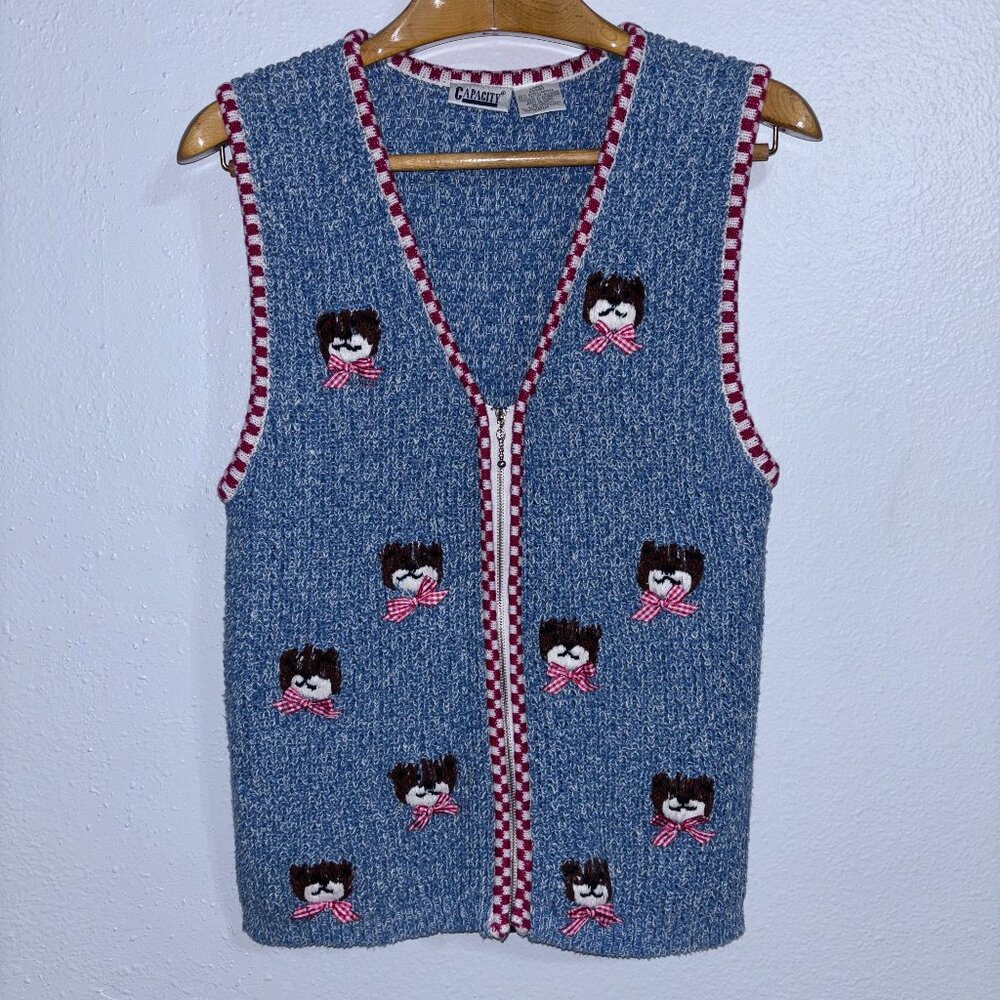 Vintage Capacity Teddy Bear Sweater Vest Large Blue Knit‎ Red Gingham Bow Ramie